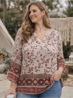 Old Navy Boho Floral Semi Sheer Blouse | Red Print Tunic Top | Women’s Medium